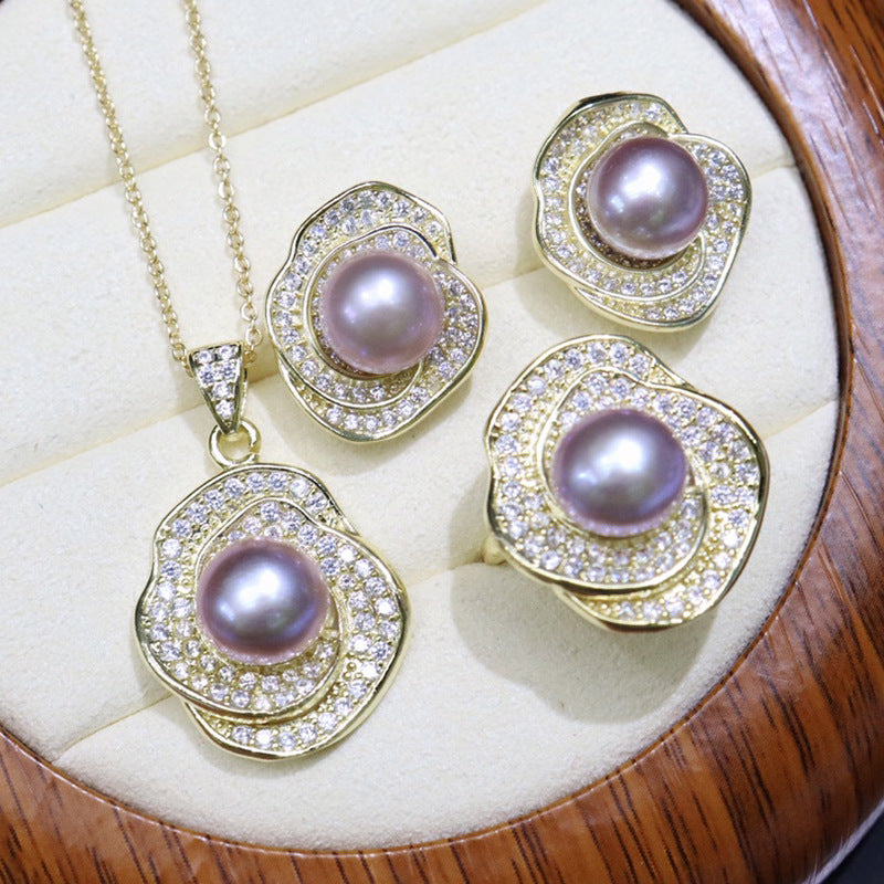 Flower style freshwater pearl necklace set 8-9mm