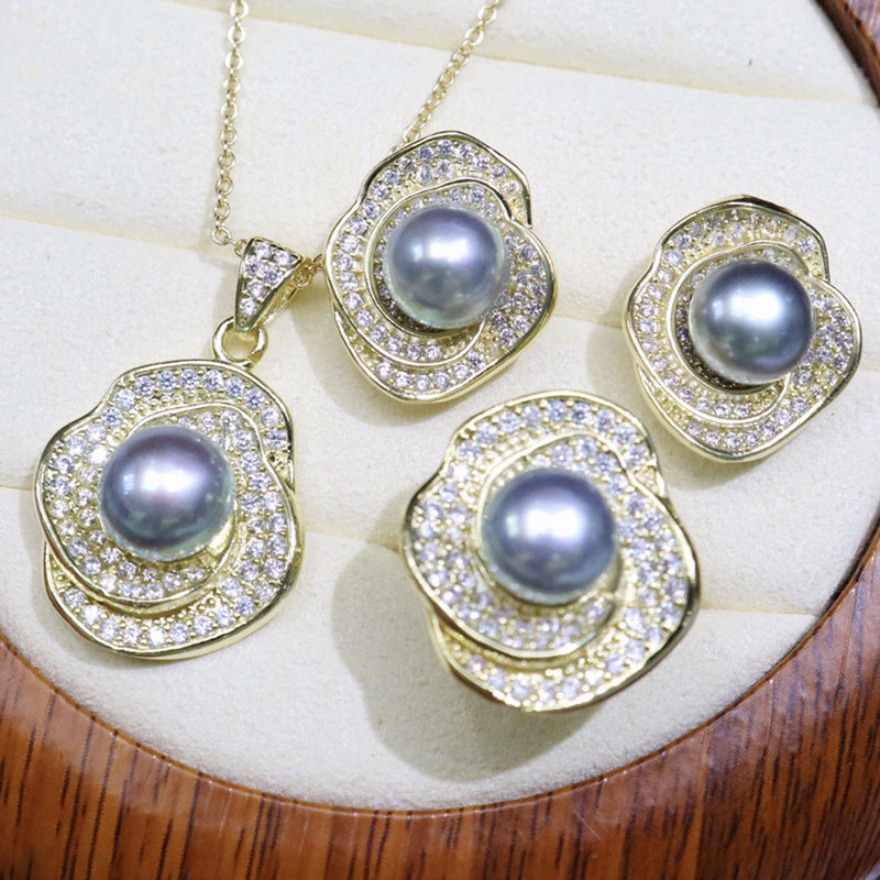 Flower style freshwater pearl necklace set 8-9mm