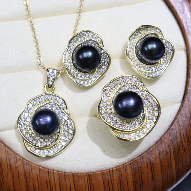 Flower style freshwater pearl necklace set 8-9mm