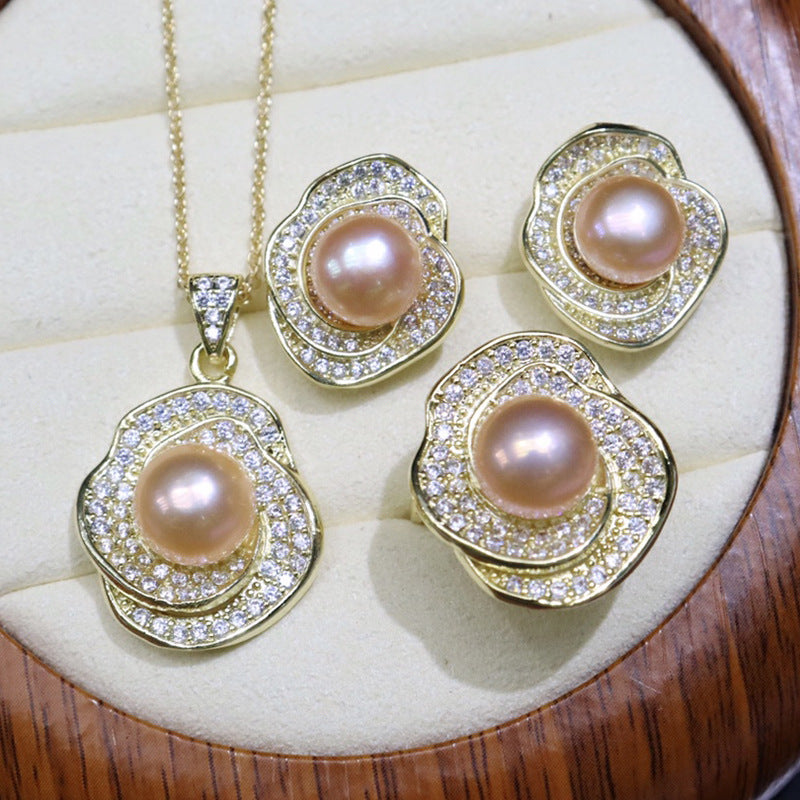 Flower style freshwater pearl necklace set 8-9mm