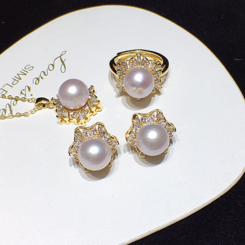 (Get free gifts)Natural freshwater pearl ring earrings pendant set white furnishing 10-11mm