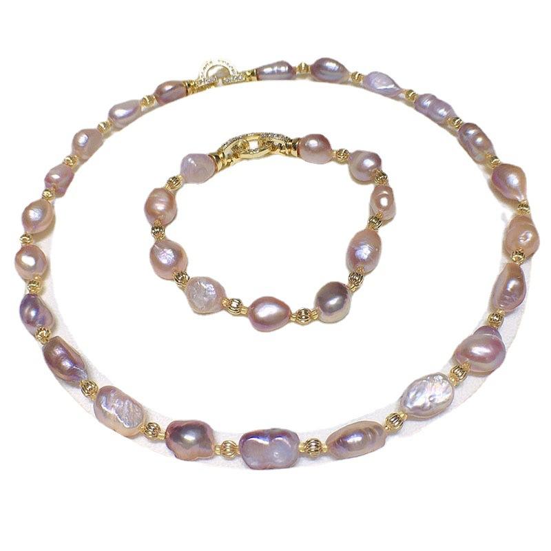Baroque natural freshwater pearl necklace bracelet set purple big 10-11mm