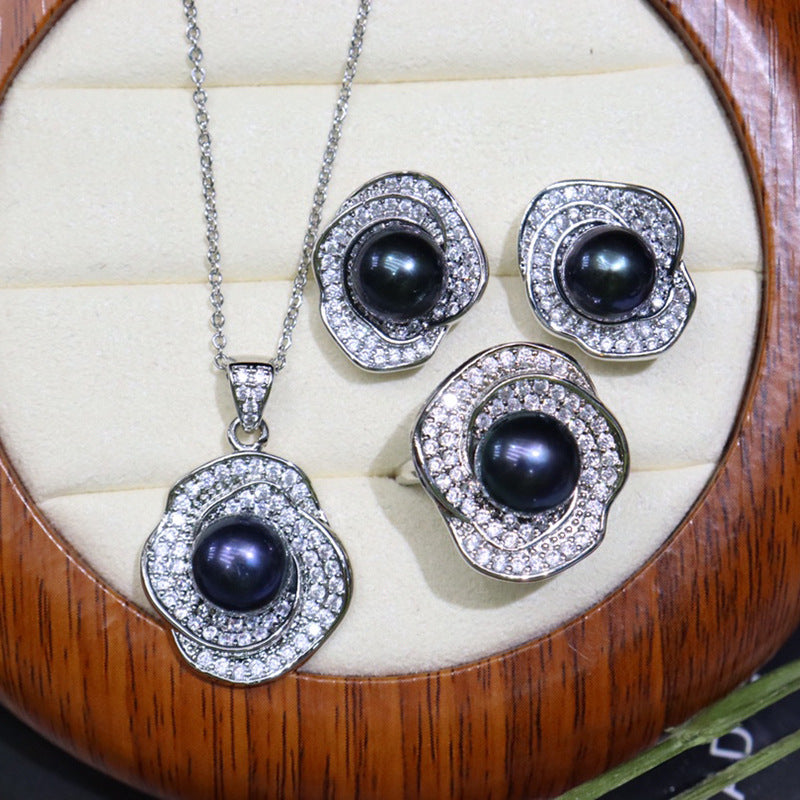 Flower style freshwater pearl necklace set 8-9mm