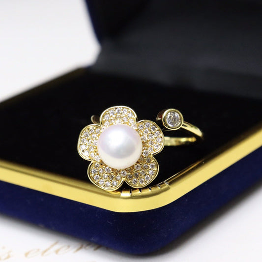Freshwater pearl ring 7-8mm 18K package gold full drill micro