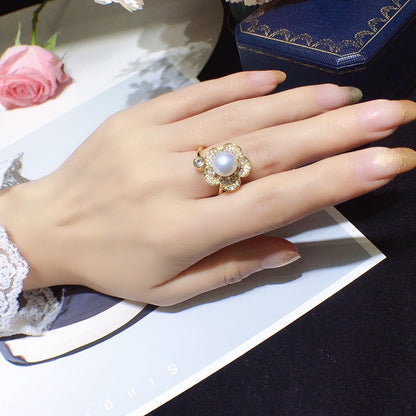 Freshwater pearl ring 7-8mm 18K package gold full drill micro