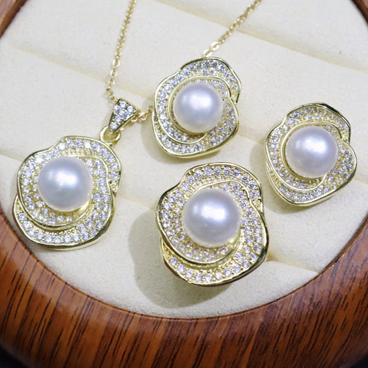 Flower style freshwater pearl necklace set 8-9mm