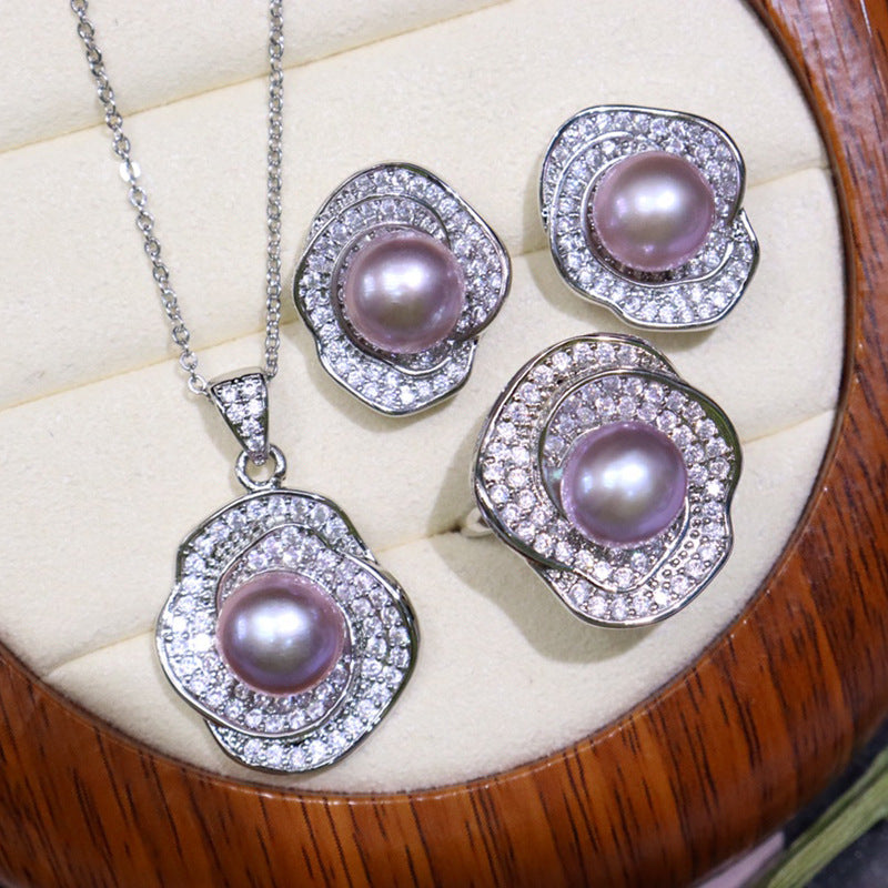Flower style freshwater pearl necklace set 8-9mm
