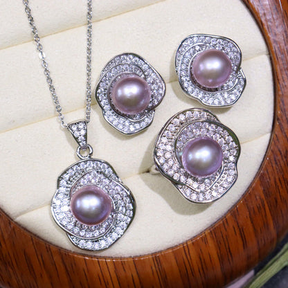 Flower style freshwater pearl necklace set 8-9mm