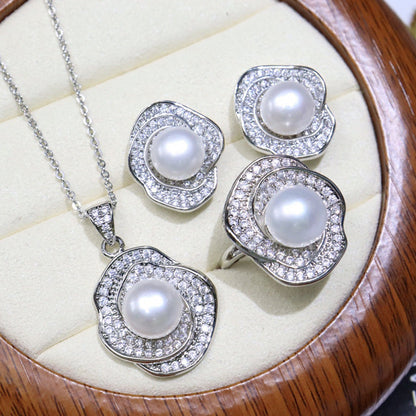 Flower style freshwater pearl necklace set 8-9mm