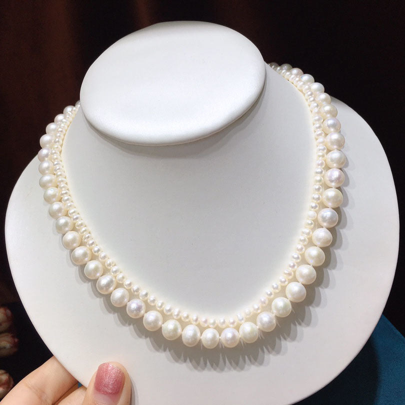 Double-layer chain, pearl pearl necklace 8-9 / 3-4mm