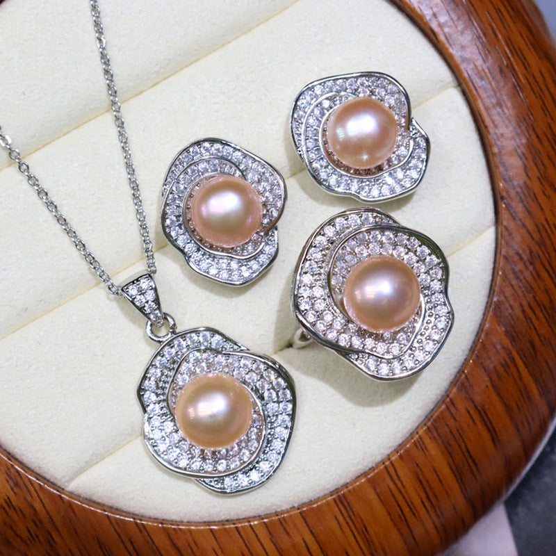 Flower style freshwater pearl necklace set 8-9mm