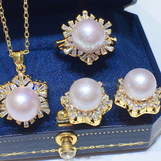 （Get free gifts）Natural freshwater pearl ring earrings pendant set white furnishing 10-11mm
