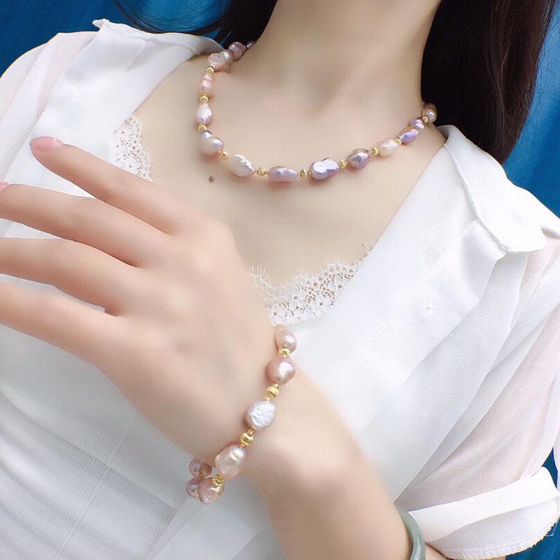 Baroque natural freshwater pearl necklace bracelet set purple big 10-11mm
