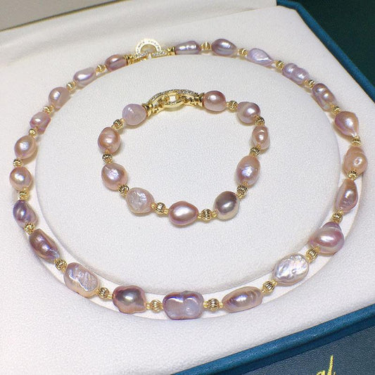 Baroque natural freshwater pearl necklace bracelet set purple big 10-11mm
